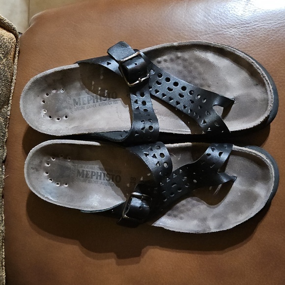 Mephisto Helen Perforated Leather Slip On Thong Sandals Shoes Black - Picture 2 of 5